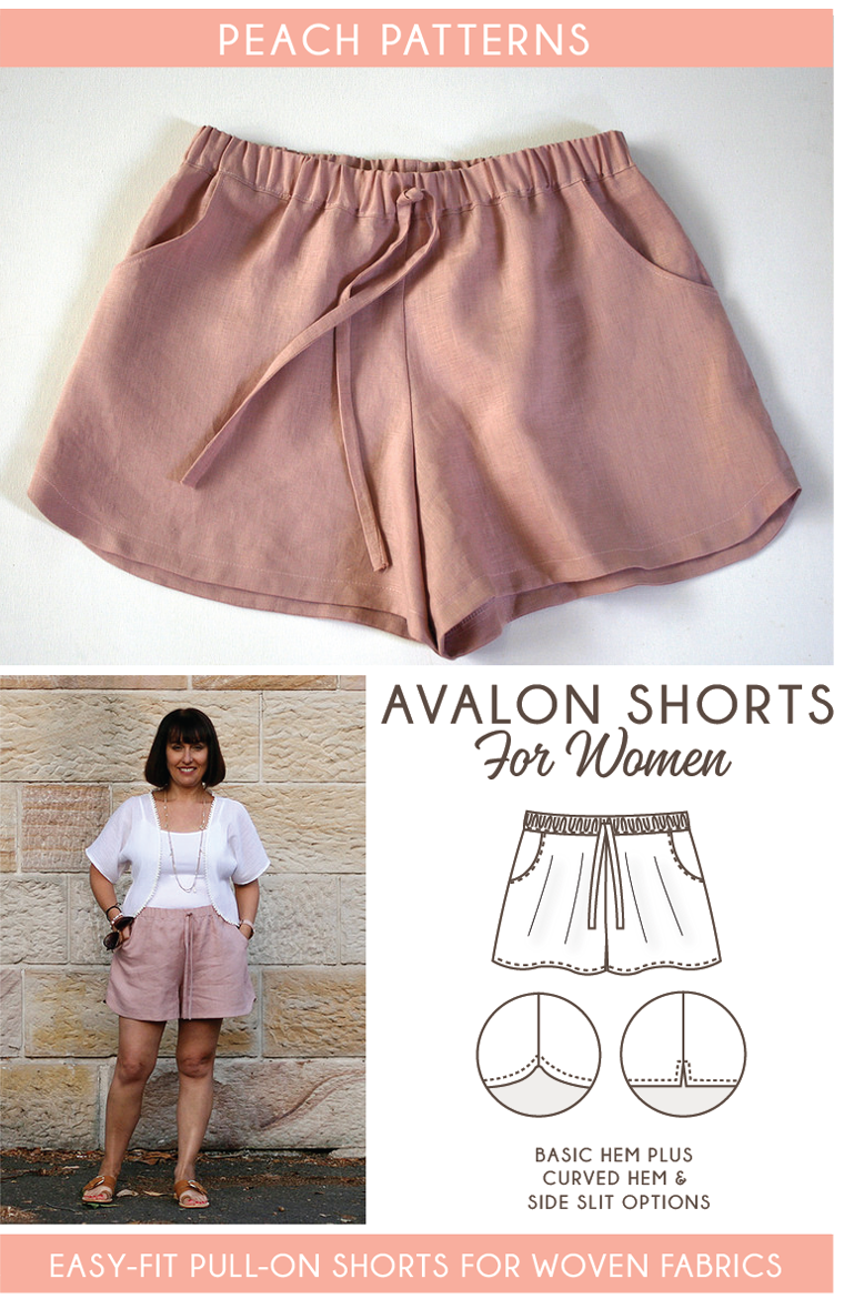 Peach Patterns Avalon Shorts for Women is a PDF sewing pattern for an easy-to-make pair of shorts. Pull-on with an elastic waistband, tie front, side pockets and a choice of three hem lines. These will be your new favourite shorts!